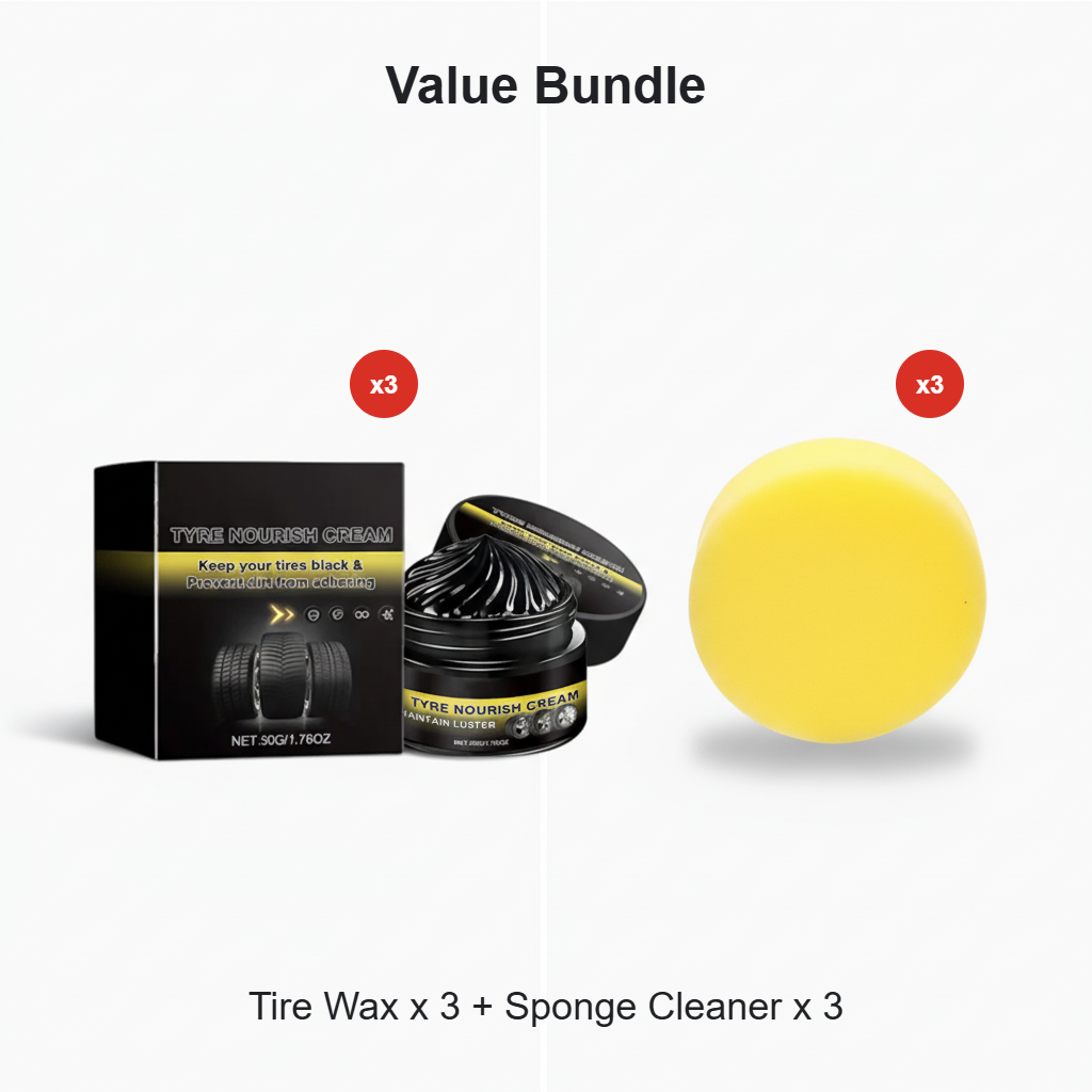 Tire wax – restores black gloss, blocks UV, repels dirt. Easy & quick