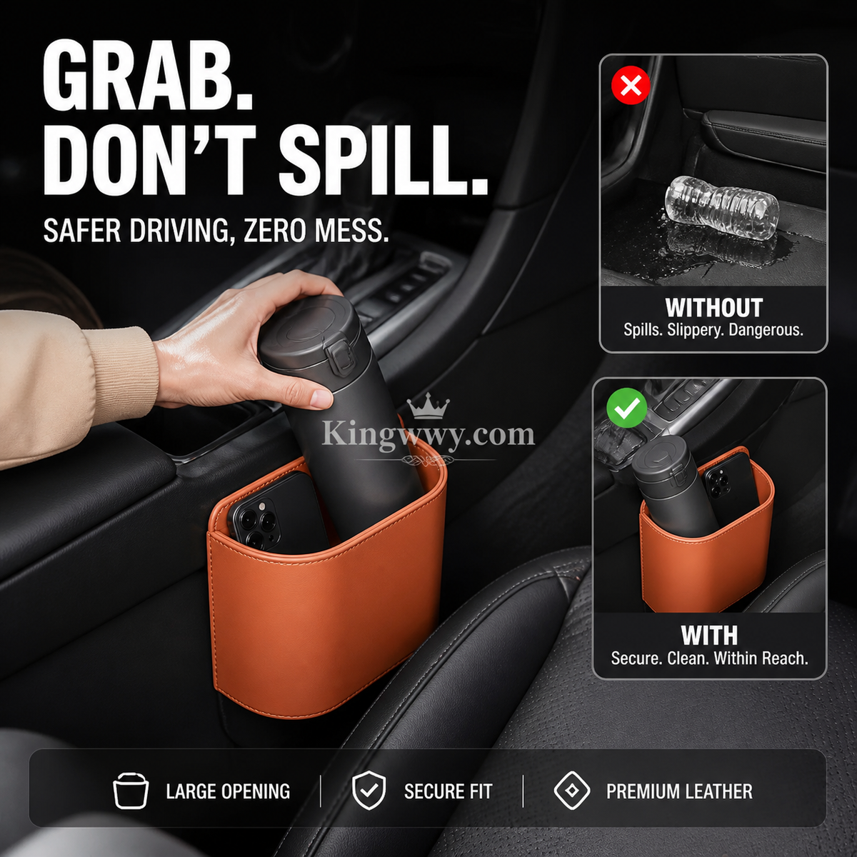 Leather Car Door Cup Holder – Wide‑mouth opening, easy reach for drinks & phone. Clip‑on secure fit. PU leather, tough & stylish