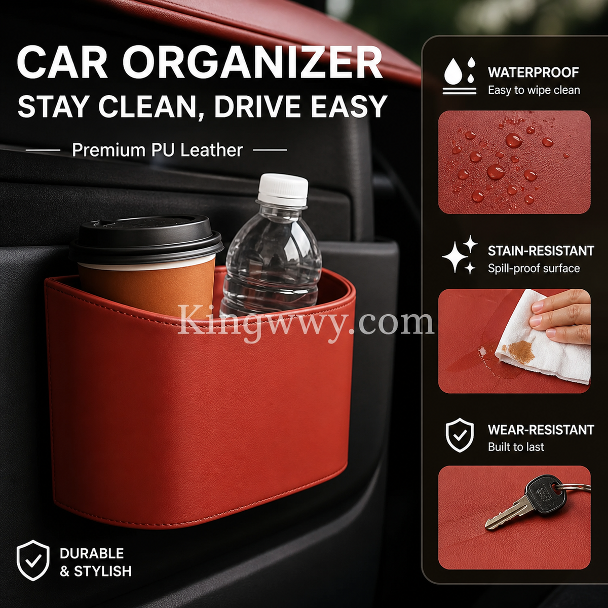Leather Car Door Cup Holder – Wide‑mouth opening, easy reach for drinks & phone. Clip‑on secure fit. PU leather, tough & stylish