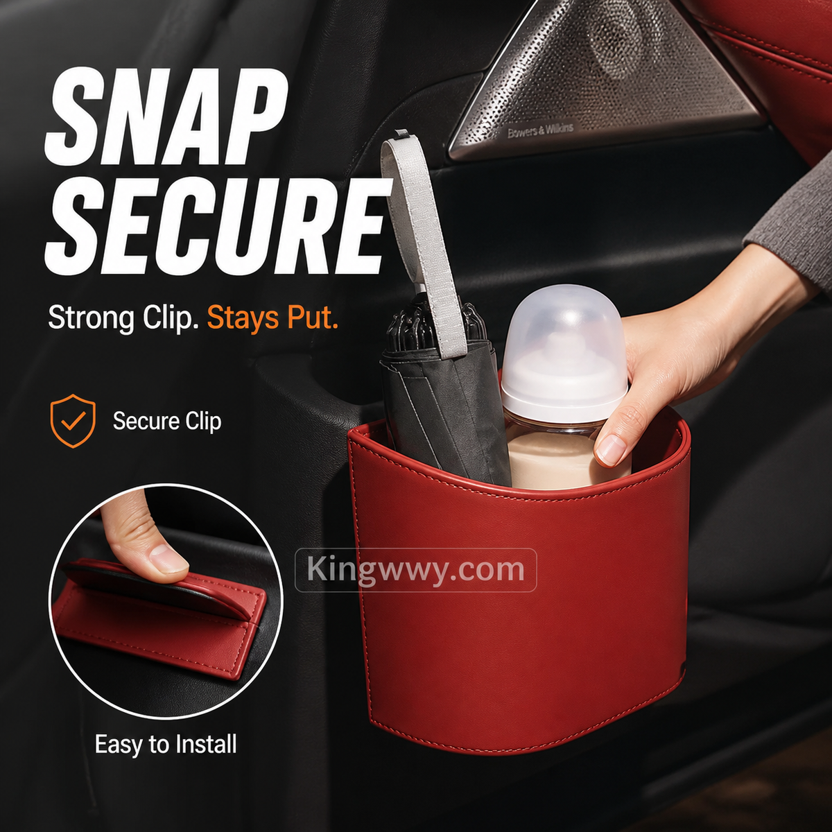 Leather Car Door Cup Holder – Wide‑mouth opening, easy reach for drinks & phone. Clip‑on secure fit. PU leather, tough & stylish