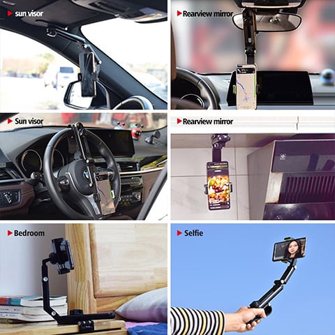 1080° Rotating Phone Holder – Universal Clamp for Car, Desk, Mirror, Sun Visor – Fits 4‑7 inch Smartphones – Strong Grip, Foldable, Heat Resistant (Grey/Green)