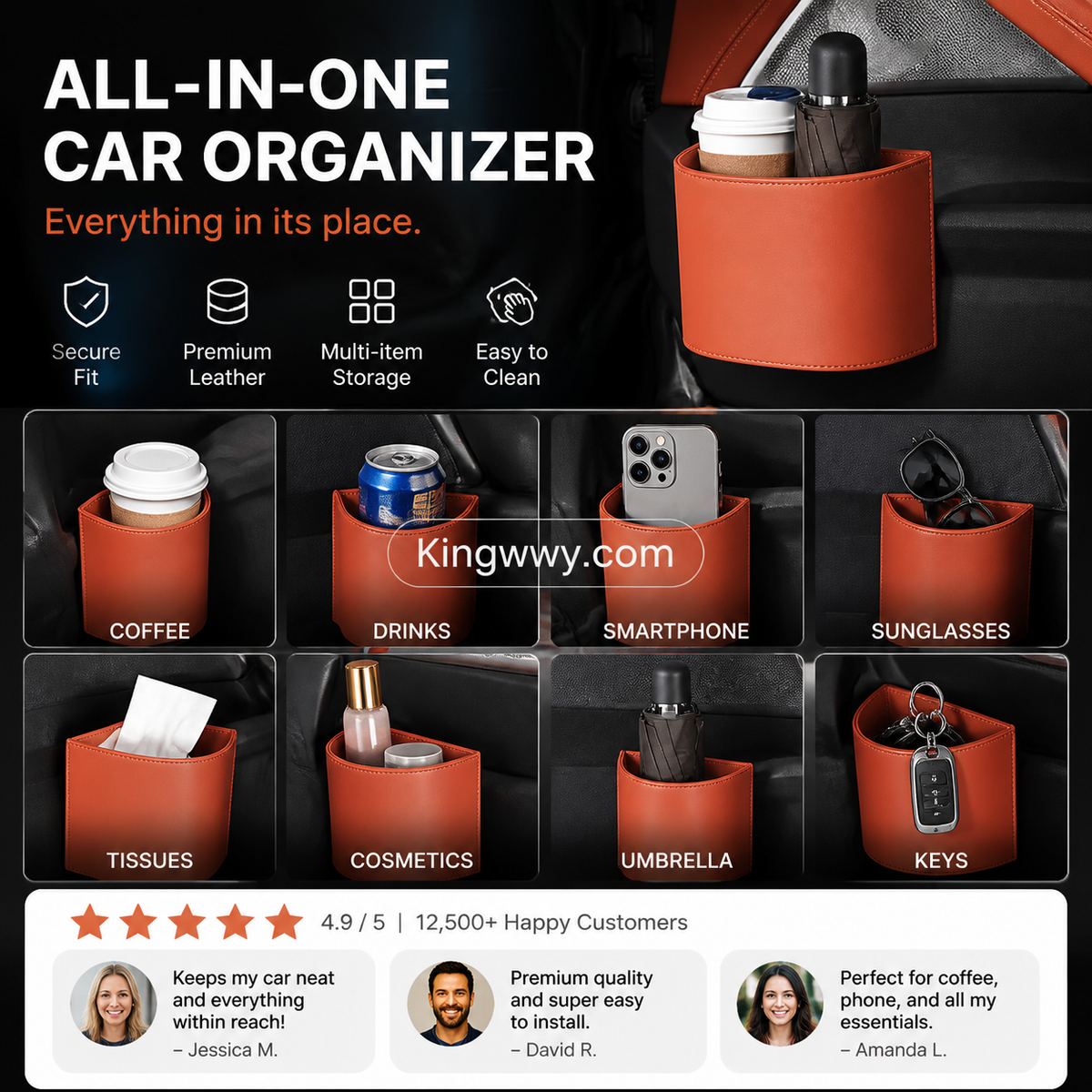 Leather Car Door Cup Holder – Wide‑mouth opening, easy reach for drinks & phone. Clip‑on secure fit. PU leather, tough & stylish