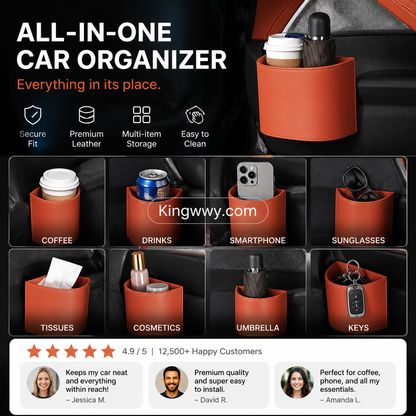Leather Car Door Cup Holder – Wide‑mouth opening, easy reach for drinks & phone. Clip‑on secure fit. PU leather, tough & stylish