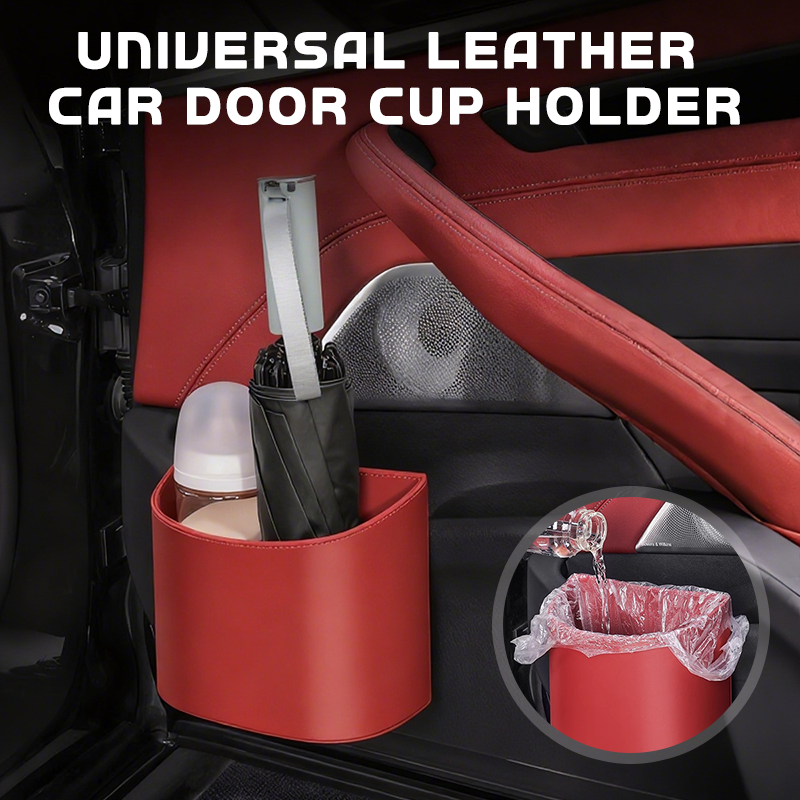Leather Car Door Cup Holder – Wide‑mouth opening, easy reach for drinks & phone. Clip‑on secure fit. PU leather, tough & stylish