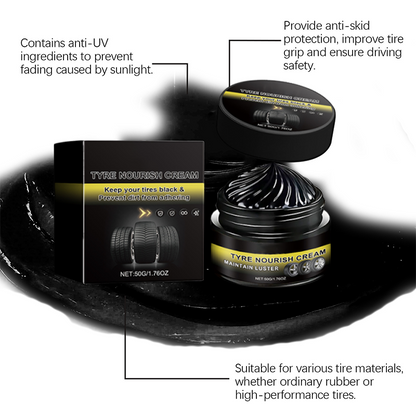Tire wax – restores black gloss, blocks UV, repels dirt. Easy & quick